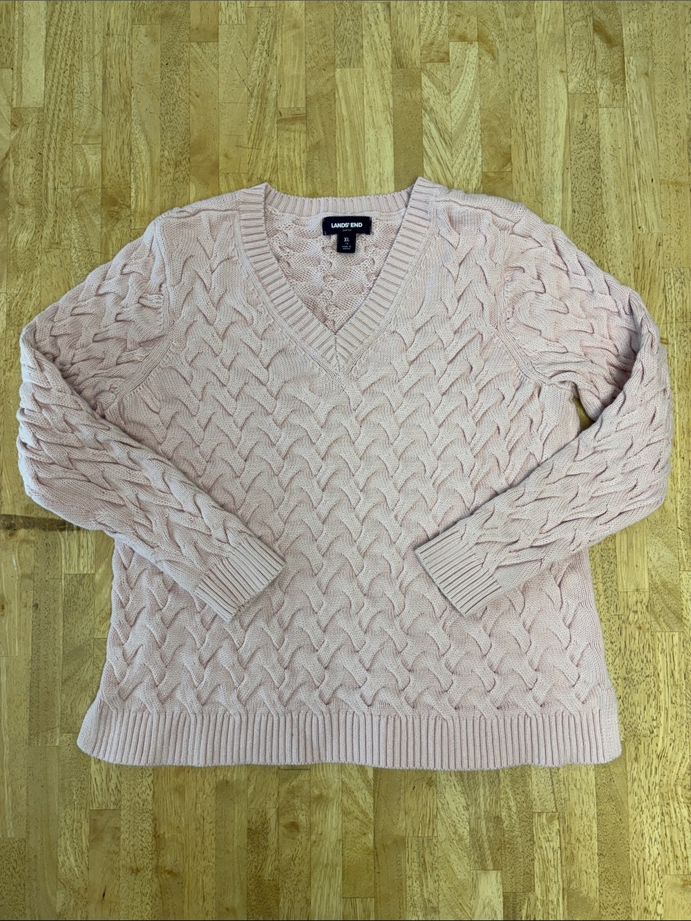 Lands End Drifter Cable Knit V Neck Sweater Pink Cotton Pullover Women Size XL